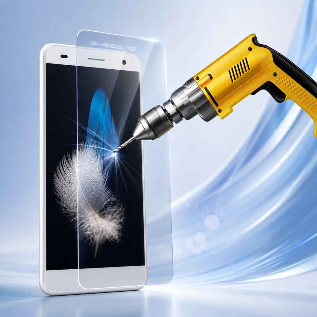 smartphone with glass protector and drill